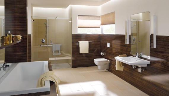 A barrier-free, accessible bathroom designed with Geberit in-wall systems for wall-hung fixtures