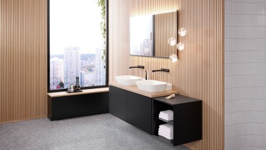 Geberit bathroom with slotted wood panels