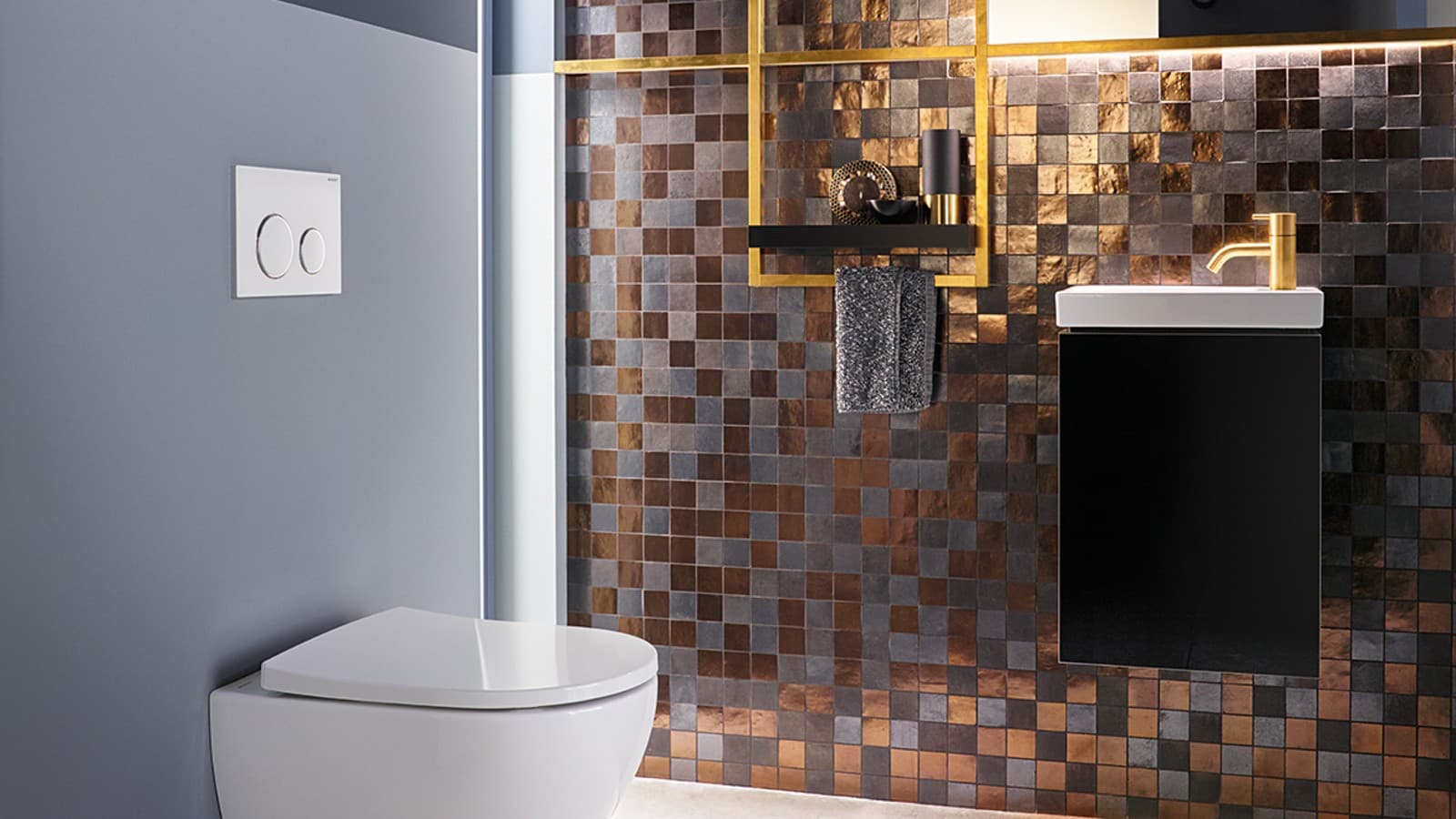 Bathroom in earthy tones with wall-hung toilet, Geberit in-wall system, and bidet seat Bathroom in earthy tones with wall-hung toilet, Geberit in-wall system, and bidet seat